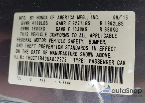 2016 Honda Accord Lx-S z USA, uszkodzony, nr VIN 1HGCT1B43GA002275